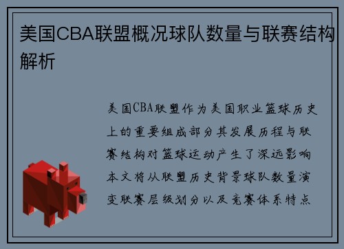 美国CBA联盟概况球队数量与联赛结构解析