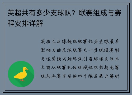 英超共有多少支球队？联赛组成与赛程安排详解